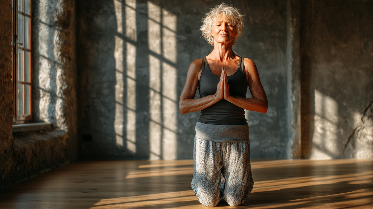 Зріла жінка практикує йогу на природі
